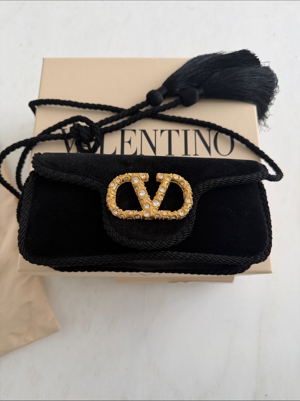 New Valentino Black Velvet Crossbody with Gold Crystal V Logo